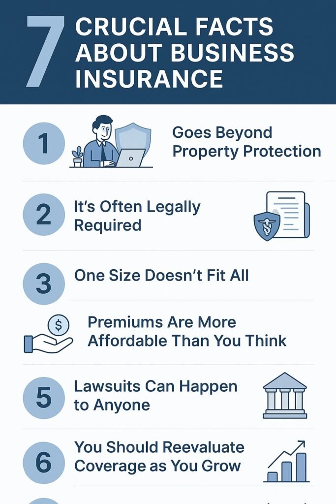 Infographic: 7 crucial facts about business insurance, visualized with icons and short titles such as legal requirement and affordable premiums.