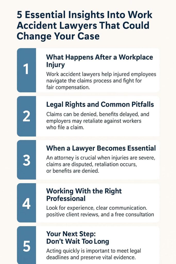 Infographic showing 5 key insights about hiring work accident lawyers