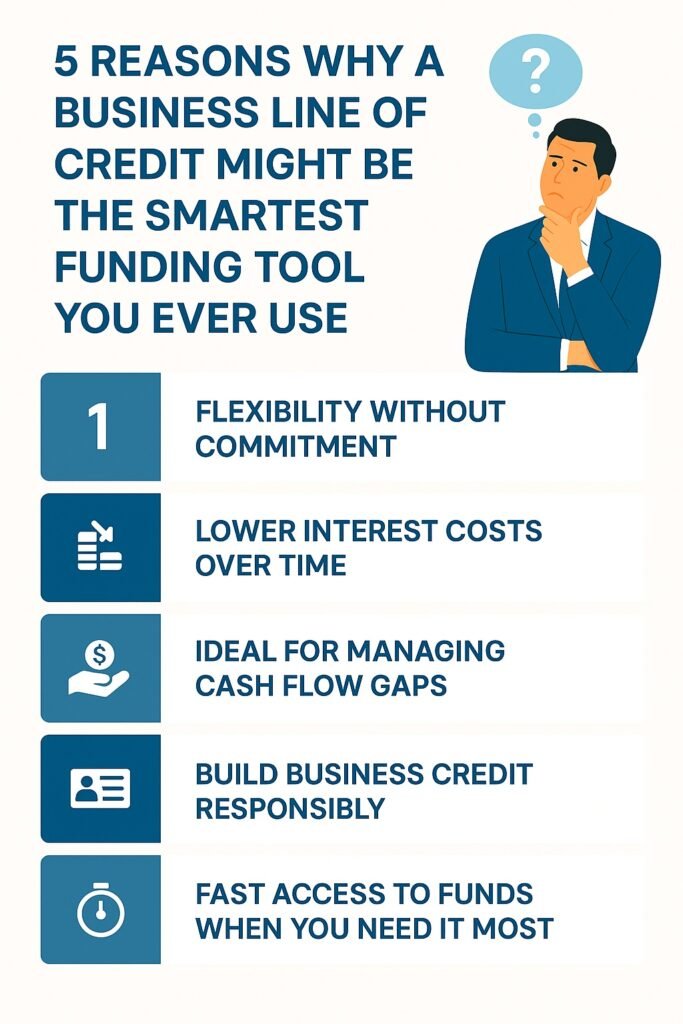 Infographic: 5 reasons why a business line of credit might be the smartest funding tool – including flexibility, lower interest, and fast access to funds.